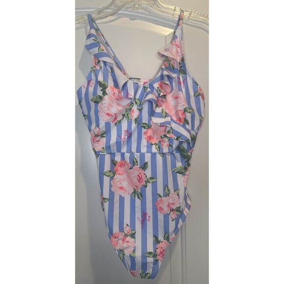 Betsey Johnson Pink Floral Blue Stripe Print Women’s One Piece Swimsuit Sz M - Picture 1 of 11